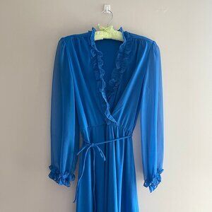 Romantic Blue Long Sleeve Ruffle Dress - 70s